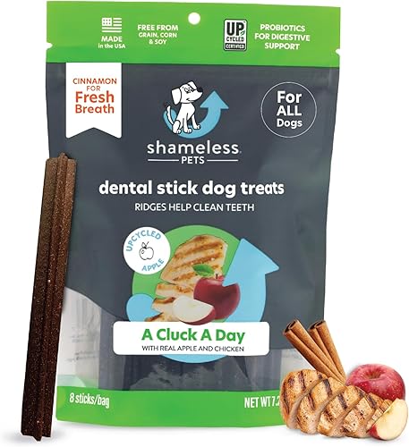 Shameless Pets Golosinas dentales para perros, A Cluck A Day Palitos dentales saludables con apoyo digestivo para limpieza de dientes y aliento
