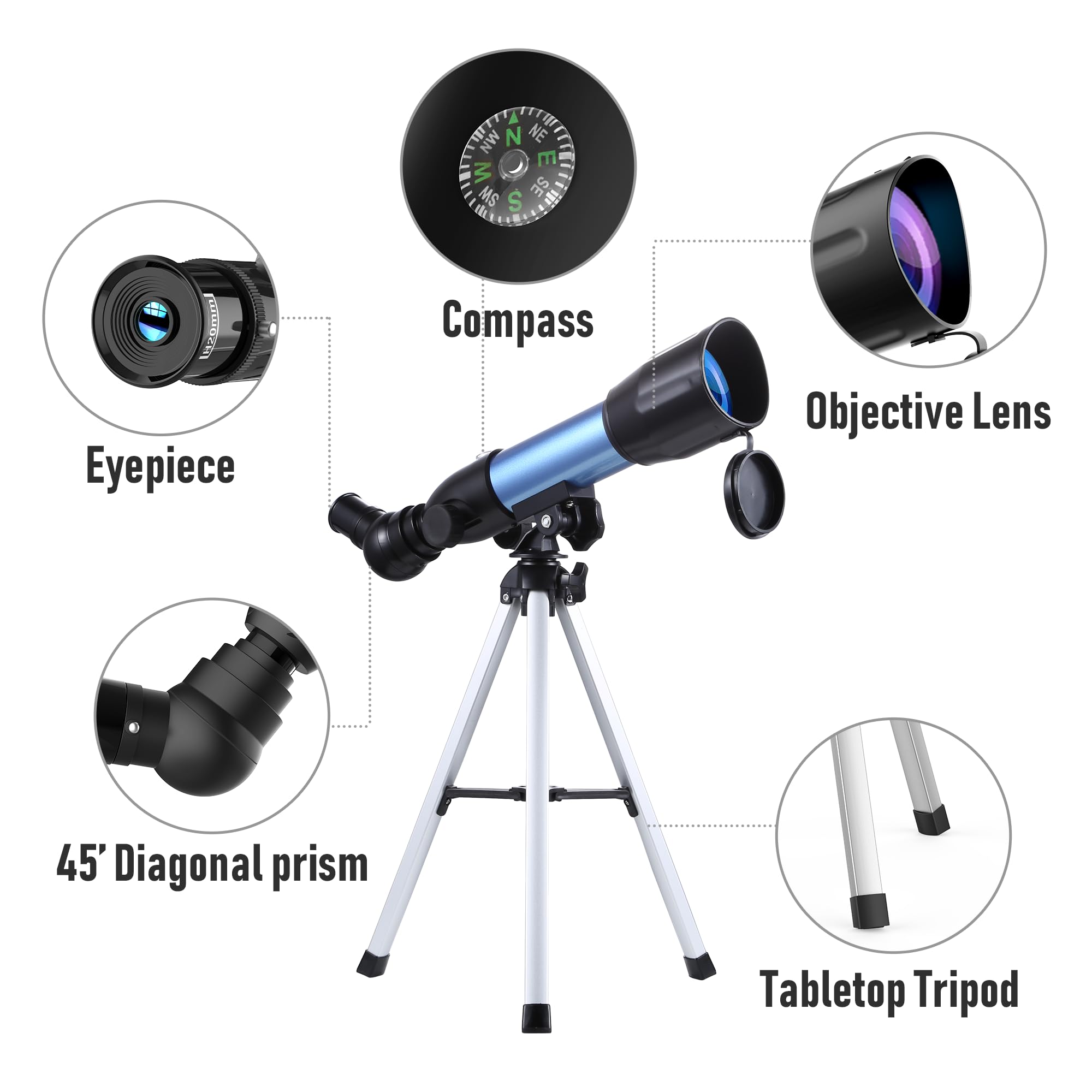 Telescopio Astronómico para Niños, Telescopio Profesional Telescopios Refractor 360/50mm HD, Apto para Niños adultos y Principiantes, Observación de la Luna,Estrellas Aves,Juguete Educativo Cumpleaños