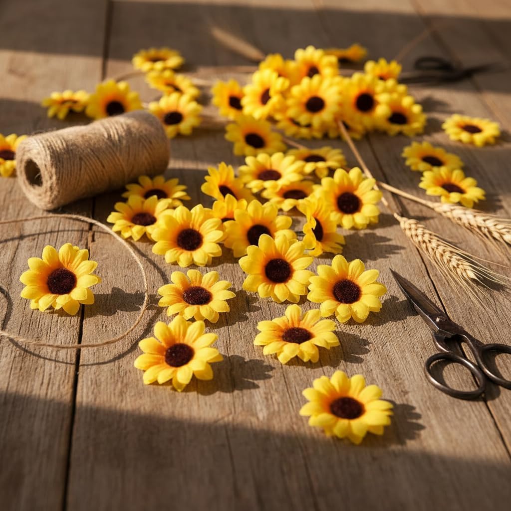 100 Pcs Sunflowers Artificial Flower Heads, Yellow Mini Fake Sunflowers Decorative Fabric Flowers Craft Floral Embellishments Silk Sun Flower Head Decorations DIY Wedding Floral Home Decor
