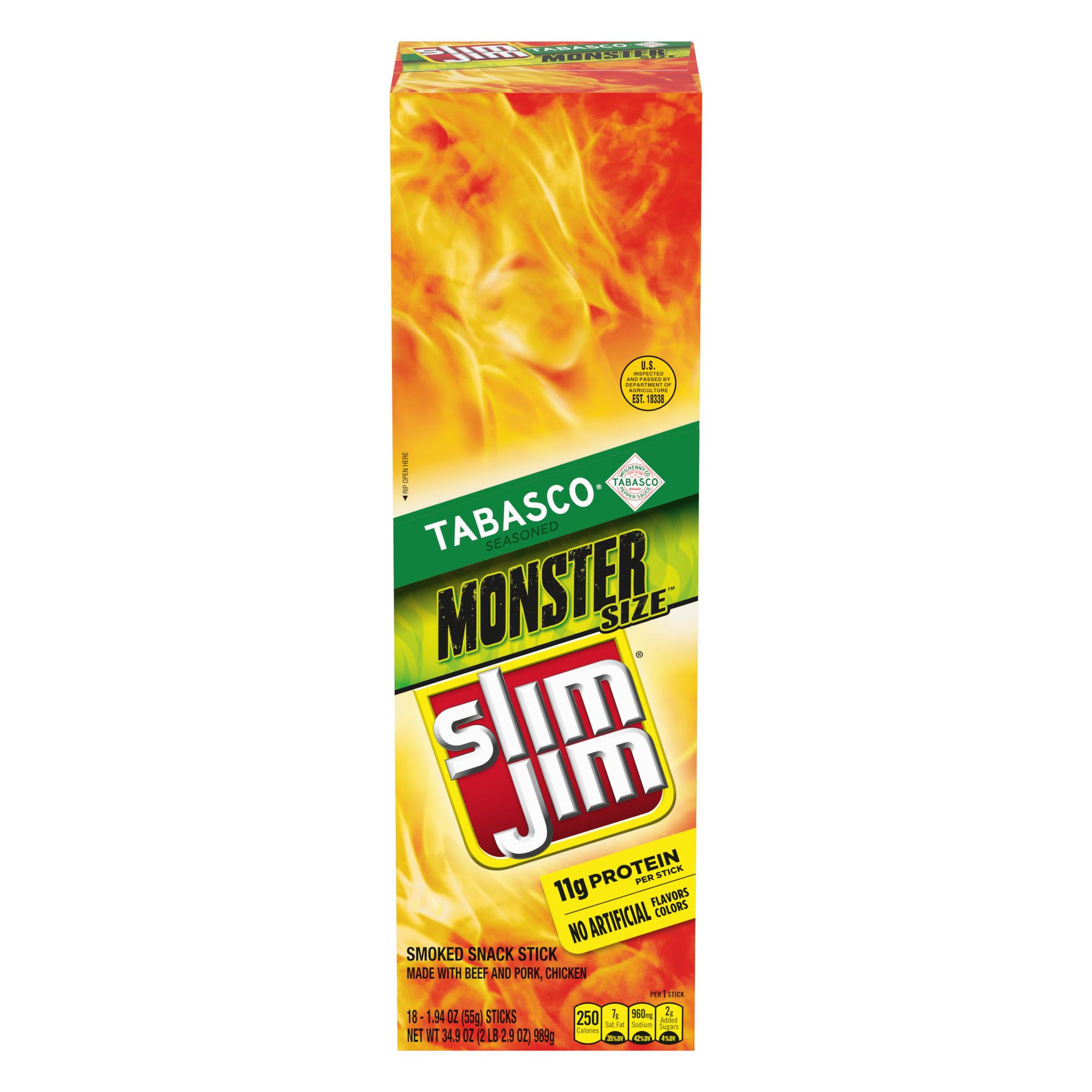 Slim Jim Monster Smoked Meat Sticks, Tabasco Flavor, 1.94 oz. 18-Count