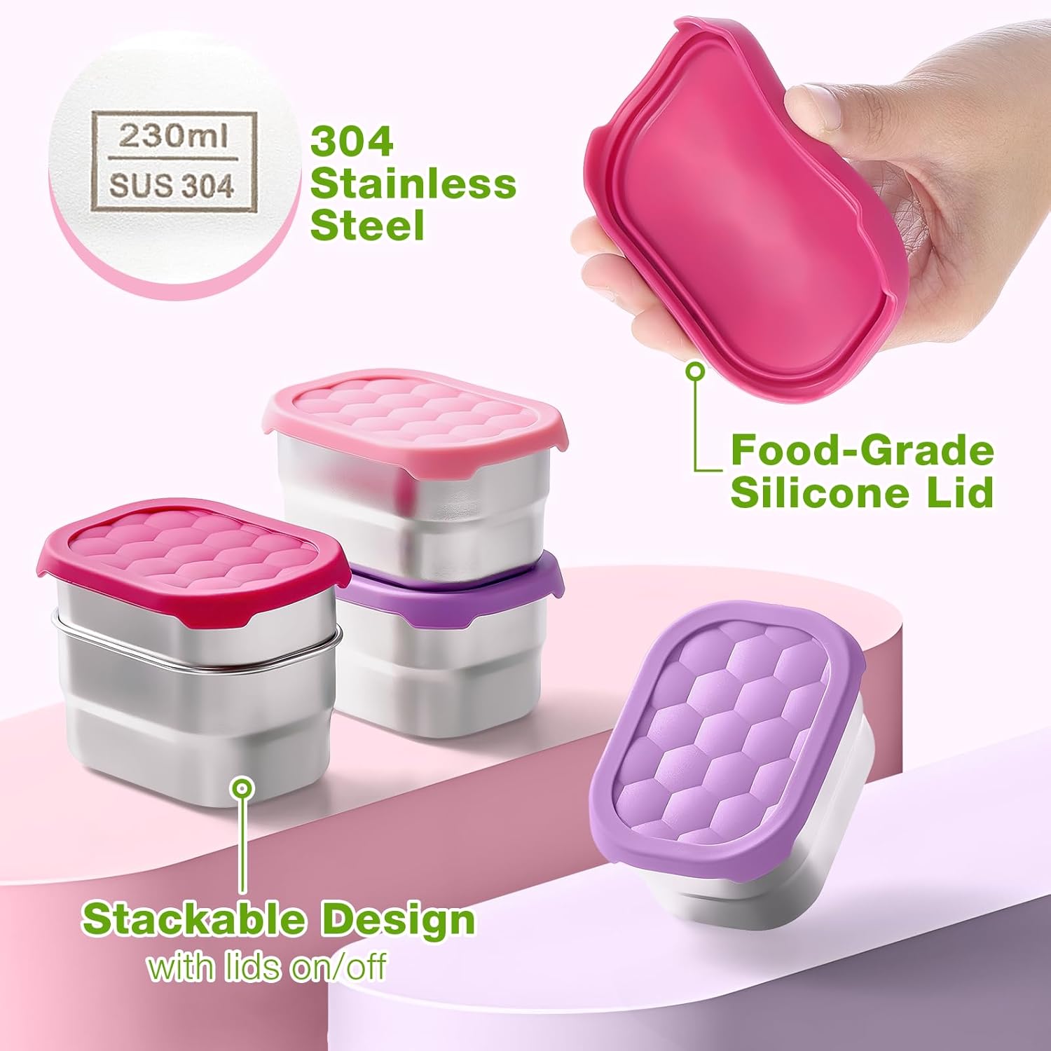 3 Pack Stainless Steel Snack Containers for Kids, 8 oz Easy Open Leak Proof Small Toddler Snack Containers with Silicone Lids, Stackable Metal Lunch Box for Daycare and School (Pink) - Image 4