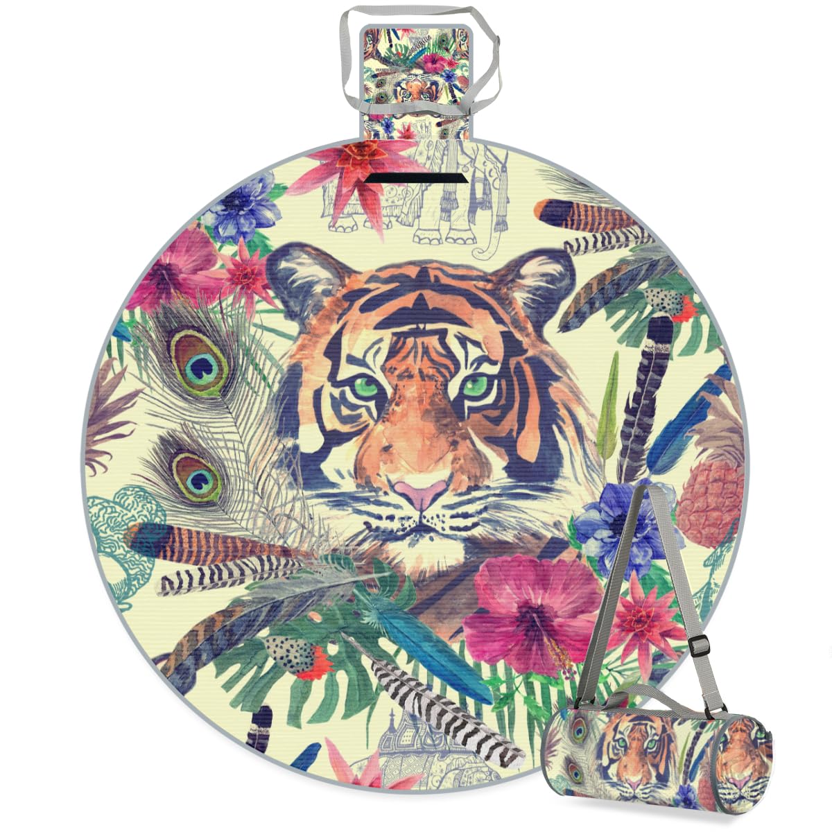 Shimoshe Flower Leaf Feather Tiger Picnic Outdoor Blanket Foldable Waterproof Sandproof Beach Blanket Portable Water-Resistant Round Picnic Mat for Travel Camping Park Lawn