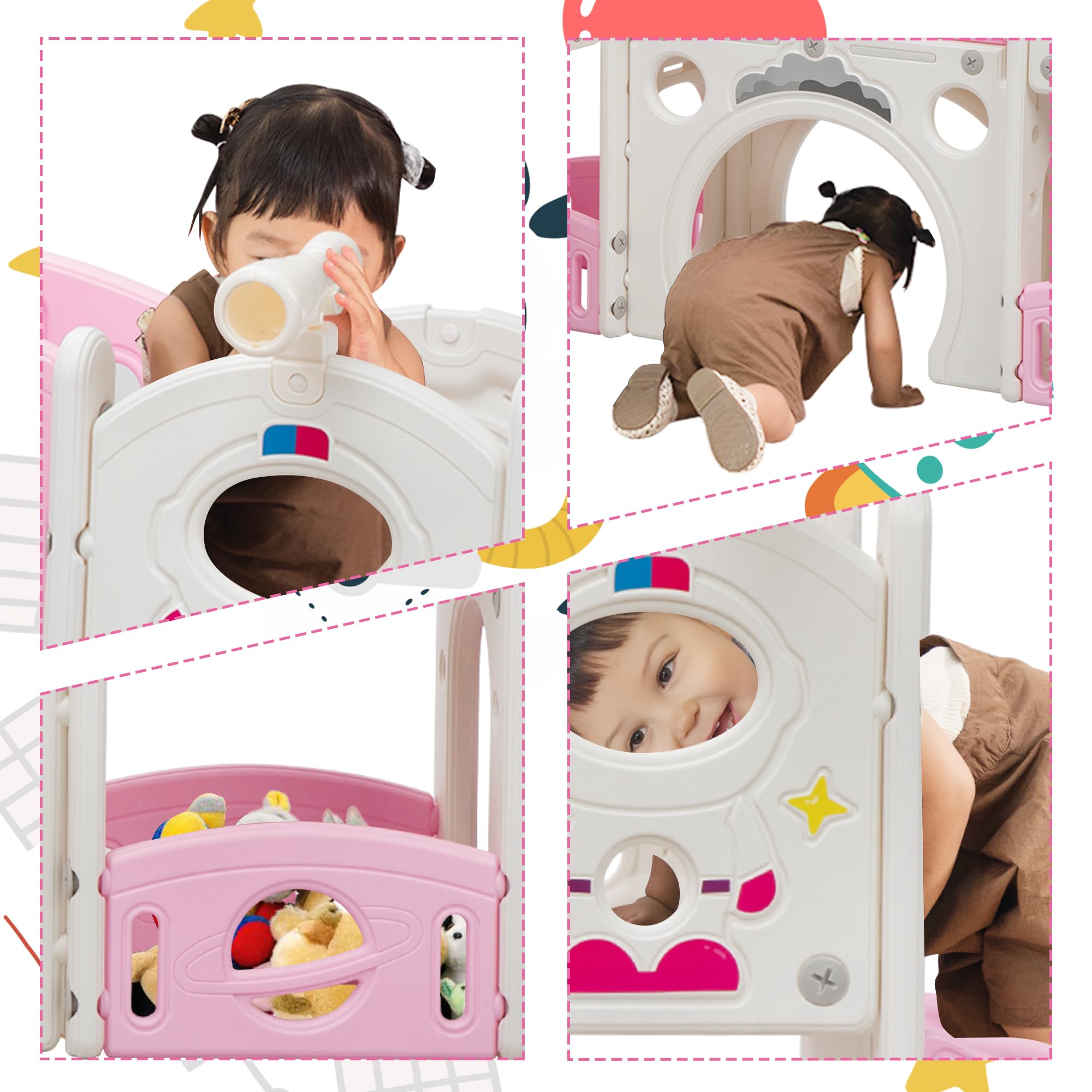 Juego de tobogán para niños 9 en 1 y juego de escalada para patio trasero independiente para niños de 1 a 4 años, con escalera, trastero, túnel, telescopios, caña multifunción