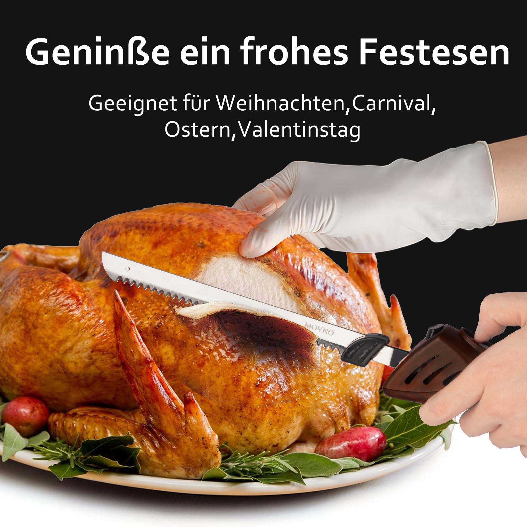 MOVNO elektrisches Messer, elektrisches Messer für Fleisch, Tranchieren von Truthahn, Brot, Geflügel, Filetieren, Schaumstoffbearbeitung und mehr, ergonomischer Griff, Elektromesser