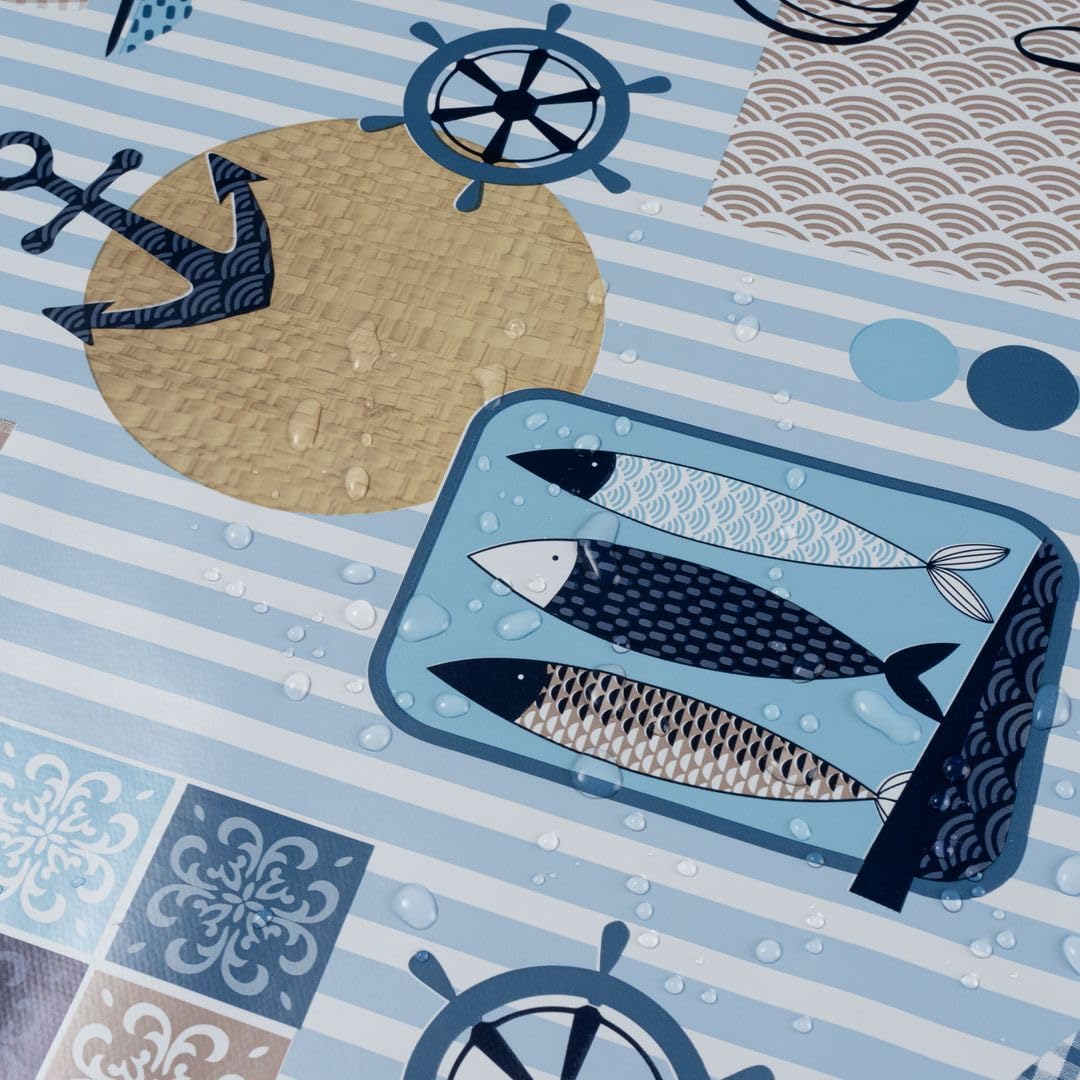 laro Wachstuchtischdecke Nautik Muster Blau Eckig PVC - Abwischbare Tischdecke als Meterware, Wasserabweisende Tischdecke für Küche, Balkon & Garten