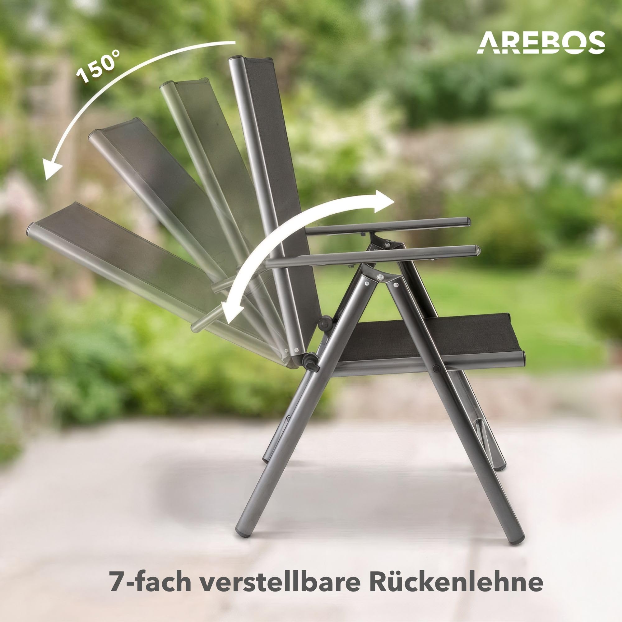 Arebos Gartenstuhl Hochlehner klappbar 2er Set | 7-Fach verstellbare Rückenlehne bis 150° | Balkonstuhl aus Aluminium | Wetterfest & UV-beständig | Bis 120 kg belastbar | Gartenstühle Hochlehner