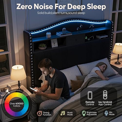 Miniatura 5 de Marco de cama tamaño completo de 51.5" con cabecero y almacenamiento | Marco de cama tapizado de terciopelo con luces LED y estación de carga | No