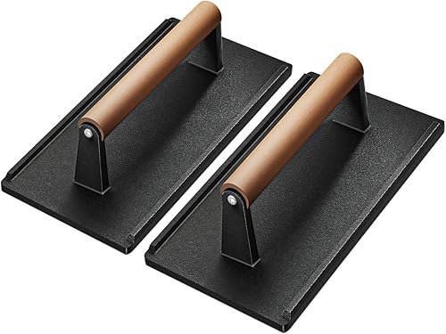 Yoehka Prensa de parrilla de hierro fundido, 2 unidades, prensa de tocino, hamburguesaplanchachef con mango de madera, carne perfectamente a la