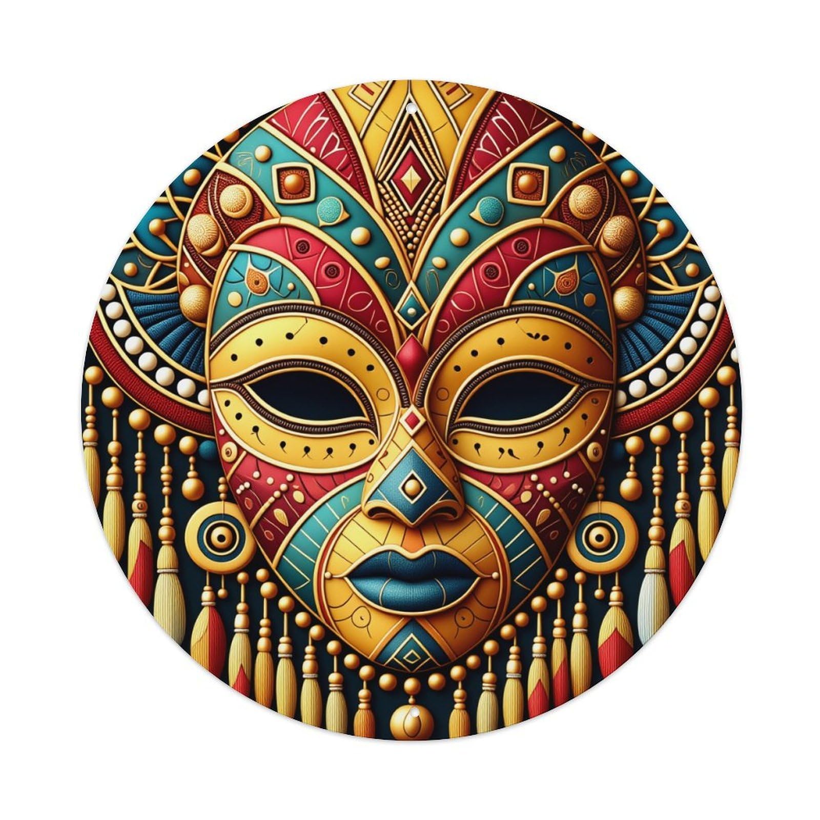 Colorful Geometric Tribal Mask Design Round Tin Sign Vintage Metal Poster, Home Bar Garage Man Cave Cafe Indoor & Outdoor Wall Decoration 8x8Inches