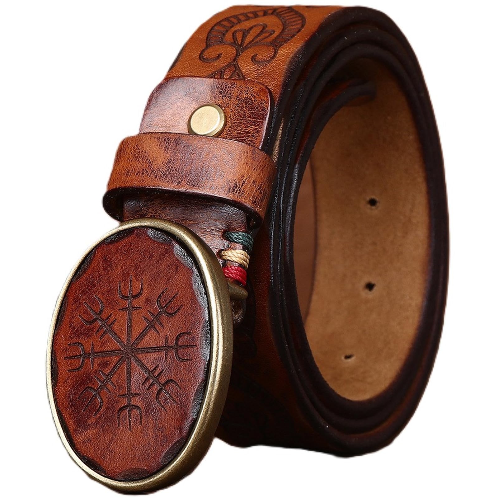 AGUTALITHIC Men Handmade Full Grain Leather Embossed Belt,1 1/2" Western Cowboy Casual Strap Engraved Heavy Duty Oval Buckle(125cm/49, Brown)