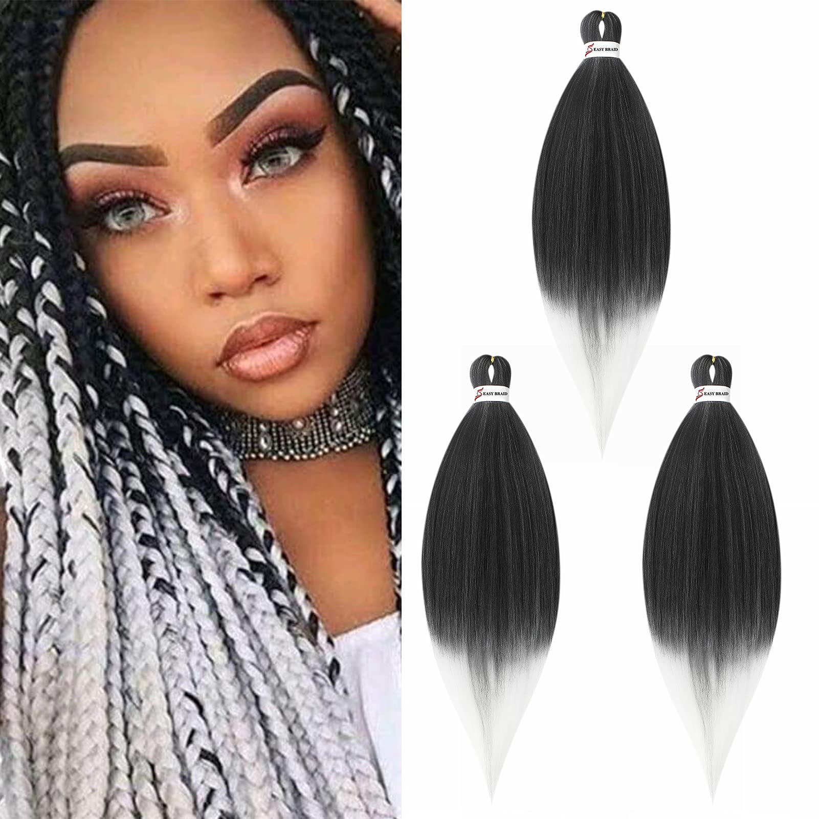 65cm Extensiones de Pelo Sintético para Trenzas Africanas Braiding Twist Crochet Hair EZ Trenzado Yaki Profesional Cabello Pre Stretched Braiding Hair Postizo 3 Piezas, Negro&Blanco