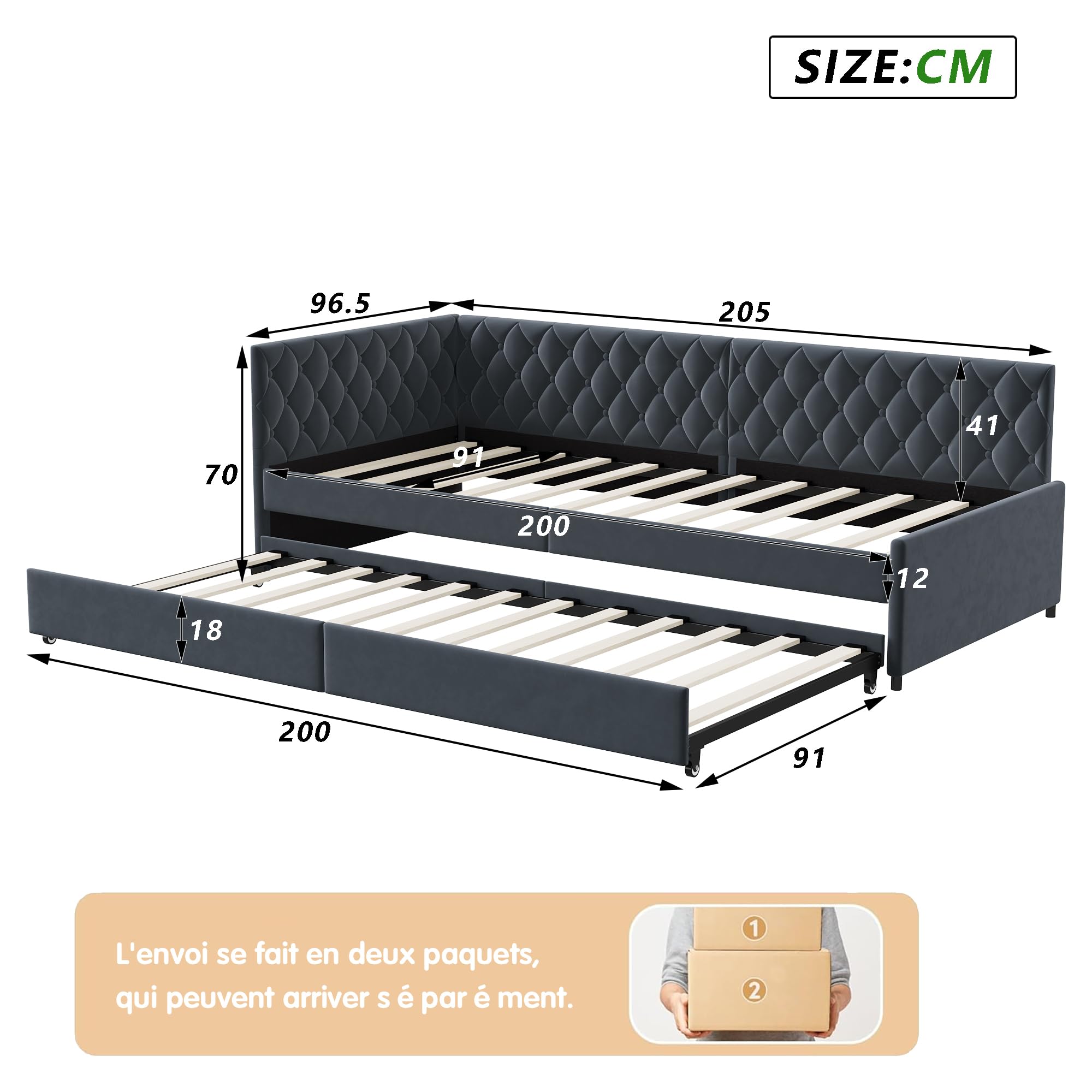 BestAlice Divano Letto imbottito 90 x 200 cm, letto estraibile con rete a doghe e divano letto allungabile velluto, letti singoli imbottiti, letti singoli per il giorno degli ospiti, nessun materasso