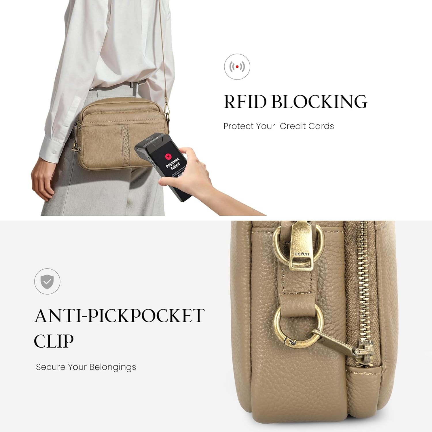 befen Genuine Leather Crossbody Bag for Women Anti Theft Purse and Hangbags with Built in RFID Wallet - Image 5