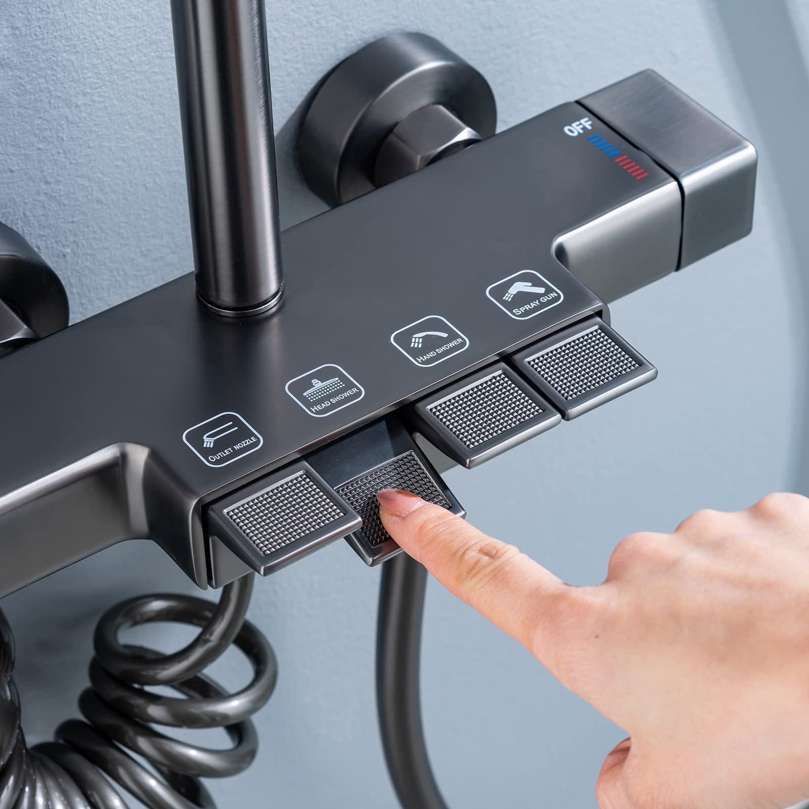 Sistema Doccia a Pioggia con soffione, Set Rubinetto a Parete, Miscelatore in Ottone, beccuccio per Vasca, doccetta a 3 modalità, spruzzatore per Bidet, Grigio (Nero)