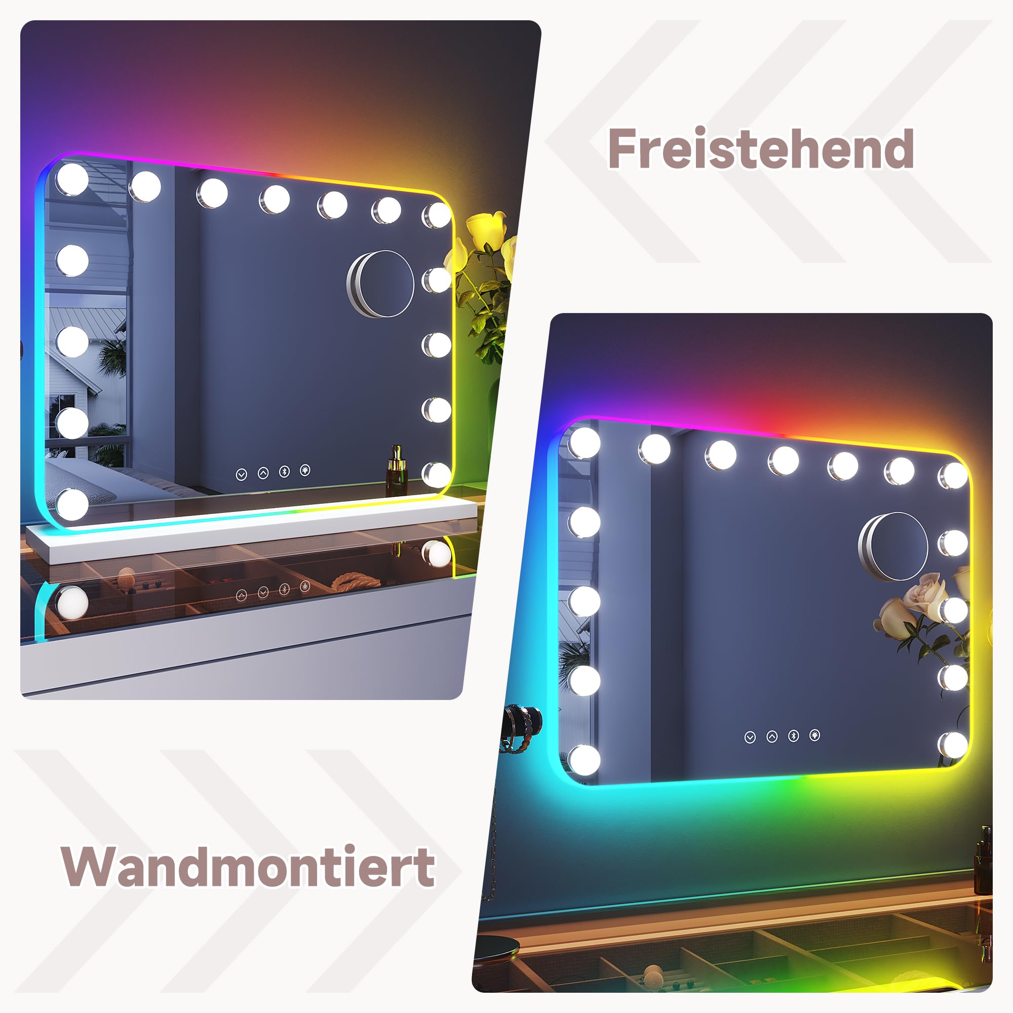 58x43cm Hollywood Spiegel mit RGB Beleuchtung Schminkspiegel mit 3 Farbtemperatur Licht und 10X Abnehmbare Lupe, Bluetooth, Wandmontiert oder Freistehend
