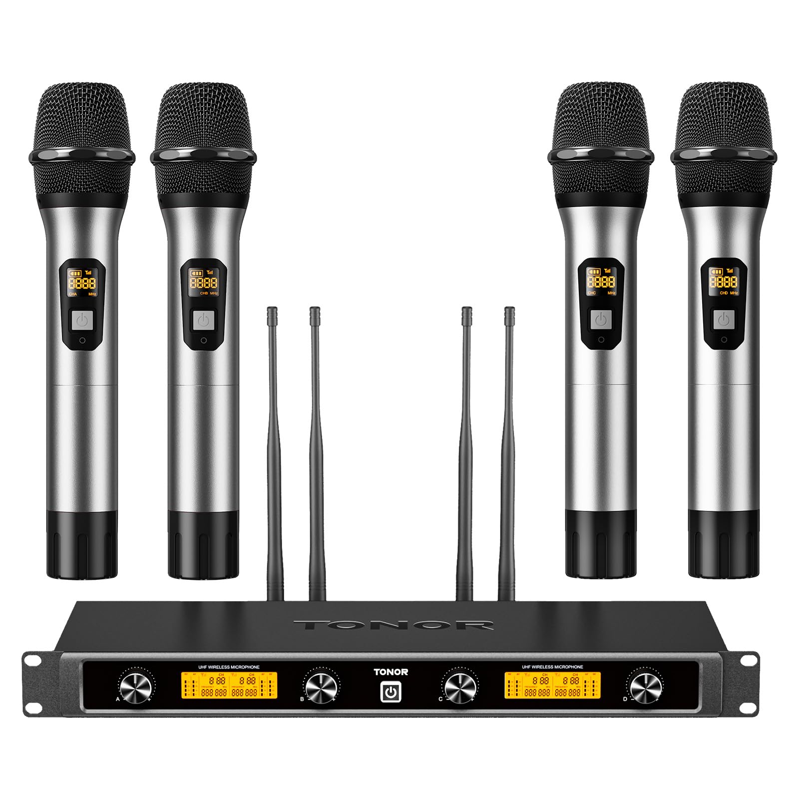TONOR Système de Micros sans Fil avec 4x5 Canaux, Microphones à Main sans Fil en Métal, 4 Antennes pour Une Portée de 90m UHF, Signal Stable pour Le Chant, la Fête, l'église, Le Karaoké, Argent