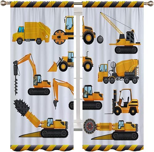 Miniatura 2 de Cortinas opacas de construcción para niños y niñas, decoración de oscurecimiento de habitación, bulldozer de dibujos animados amarillos, tractor,