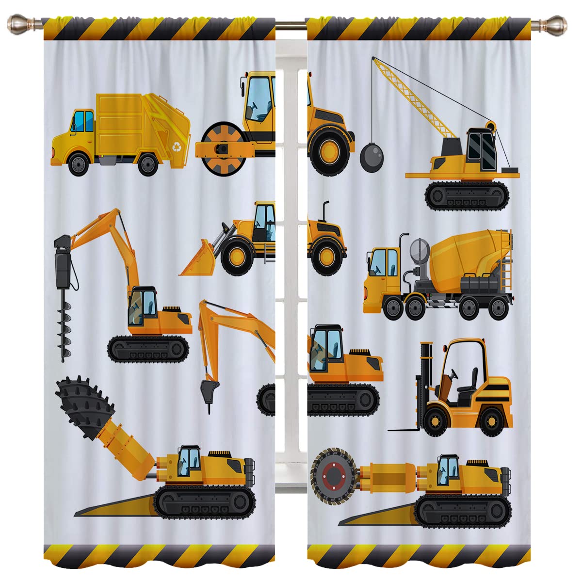 Construction Car Blackout Curtains for Boy Girl Room Darkening Decor,Yellow Cartoon Bulldozer Tractor Excavator Bedroom Living Room Home Rod Pocket Thermal Insulated Window Drapes Panel,63x63 Inch