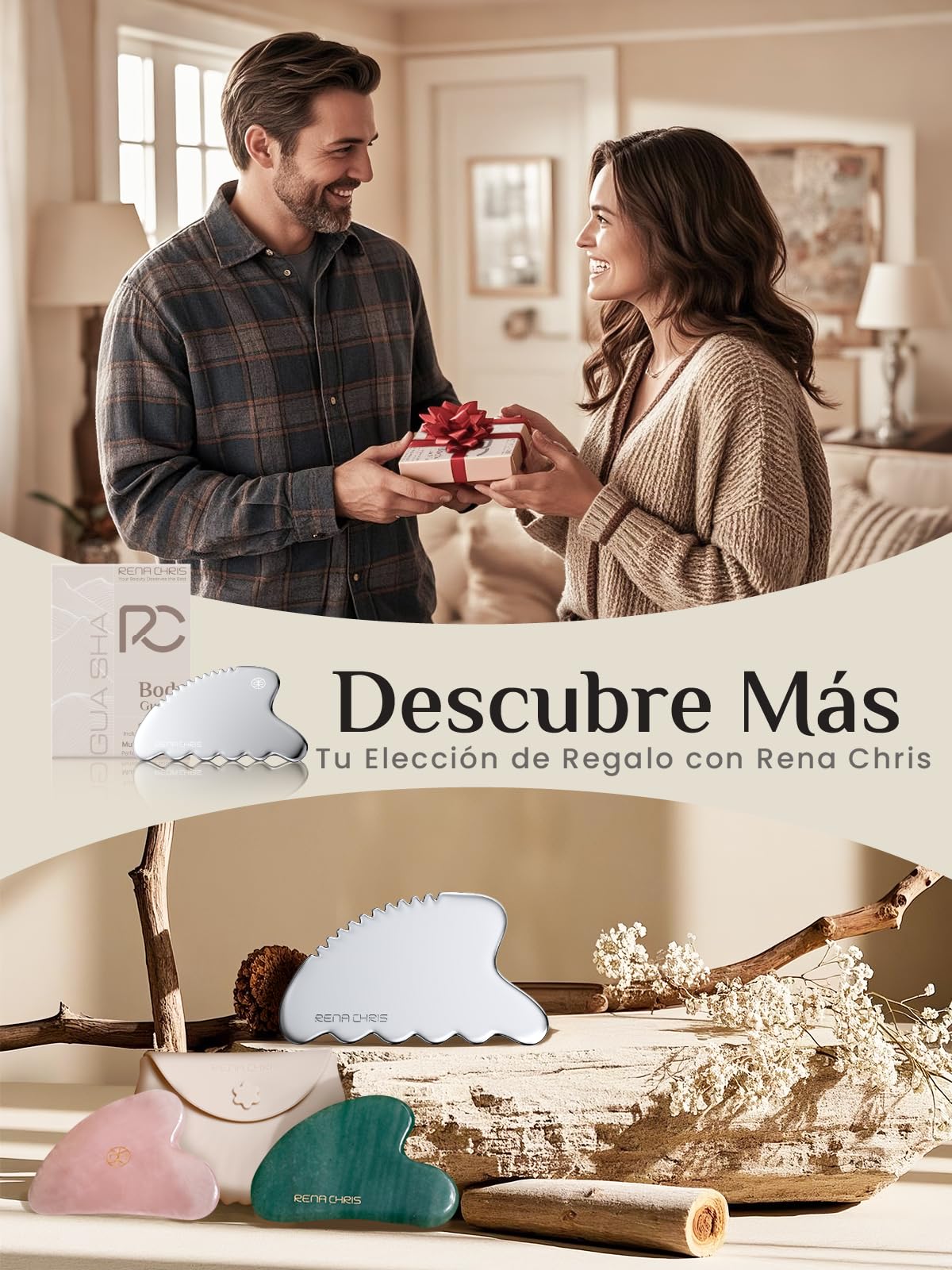 Rena Chris Gua Sha Metal Facial Masajeador,Piedra GuaSha Facial de Acero Inoxidable para Esculpir la Línea de la Mandíbula,Eliminar las Bolsas de los Ojos, Regalos para el Cuidado de la Piel(Plateado)