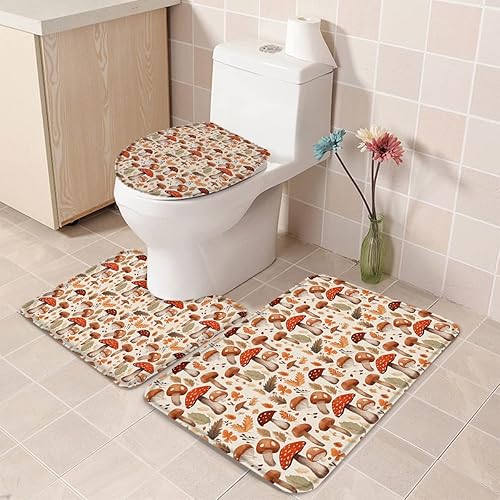 Bathroom Rugs Sets 3 Piece Bath Mat,Farm Mushroom Orange Leaves Seamless Soft Non-Slip Bath Rug Set,Absorbent Shower Rugs Toilet Seat Cover U-Shaped