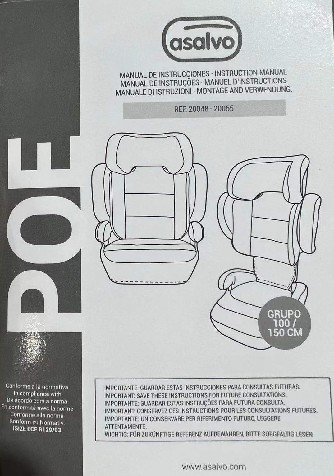 Silla de coche i-Size Isofix 100-150 cm | Homologada ECE R129, protección lateral y cervical, reposacabezas 21 cm, respaldo plegable, alas abatibles | Poe Fix Negra Asalvo