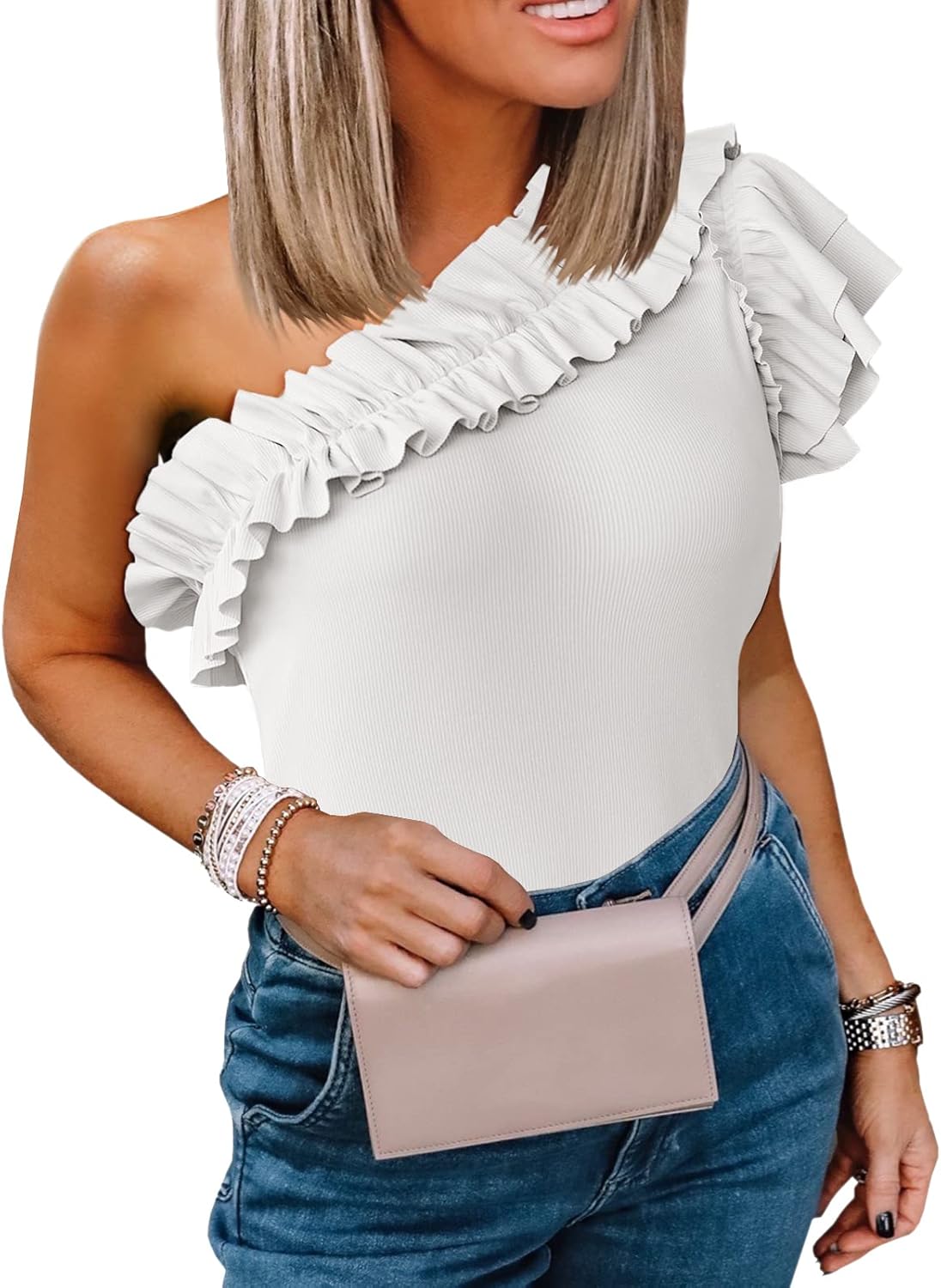 Womens One Shoulder Shirts Ruffle Sleeve Slim Fit Knitted