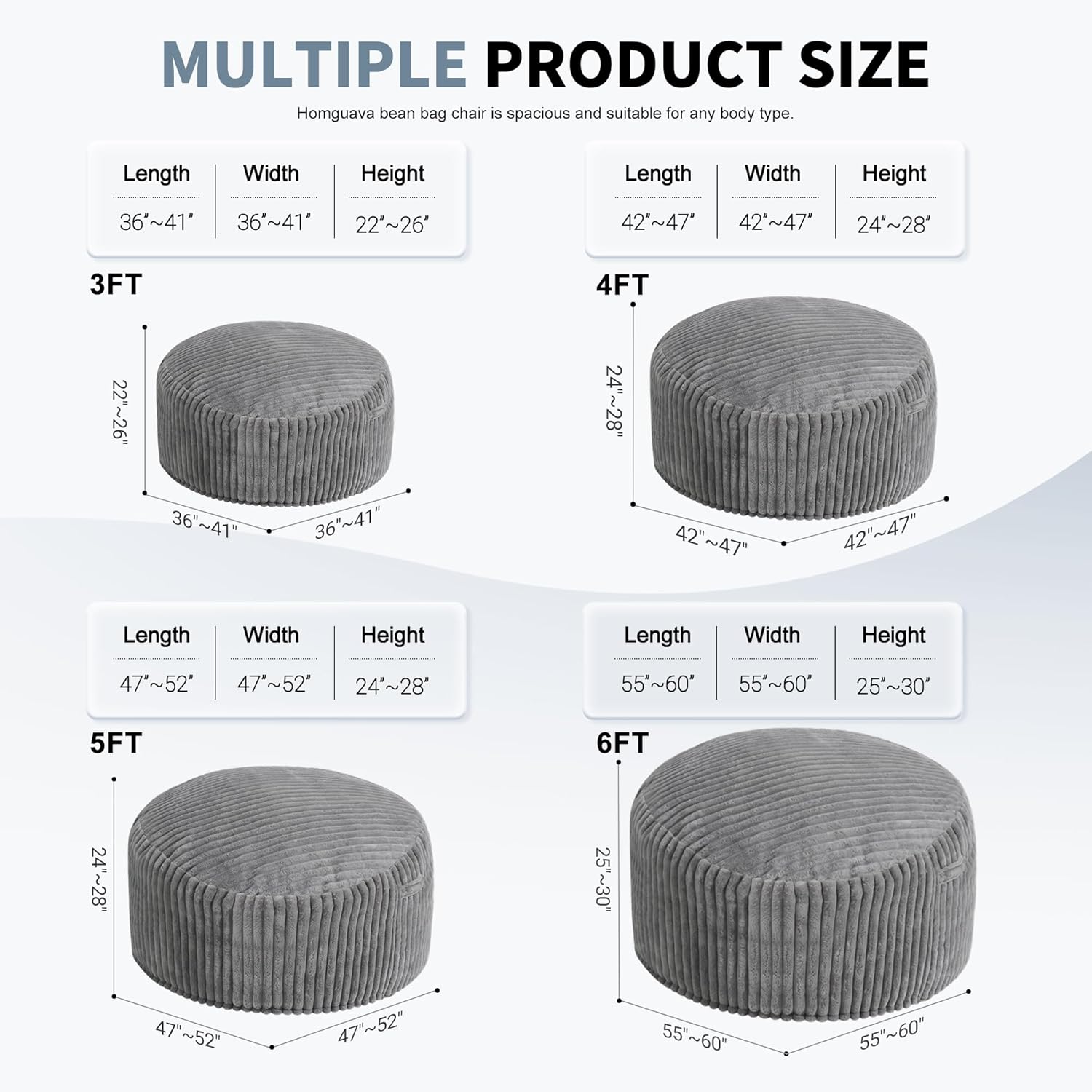 Homguava 6 FT Bean Bag Chair,6' Big Bean Bag,Giant Bean Bag Chairs for Adults with Memory Foam Filled,Comfy Large Beanbag Chairs Soft Bean Bag Sofa with Dutch Corded Plush Cover-Grey - Image 2