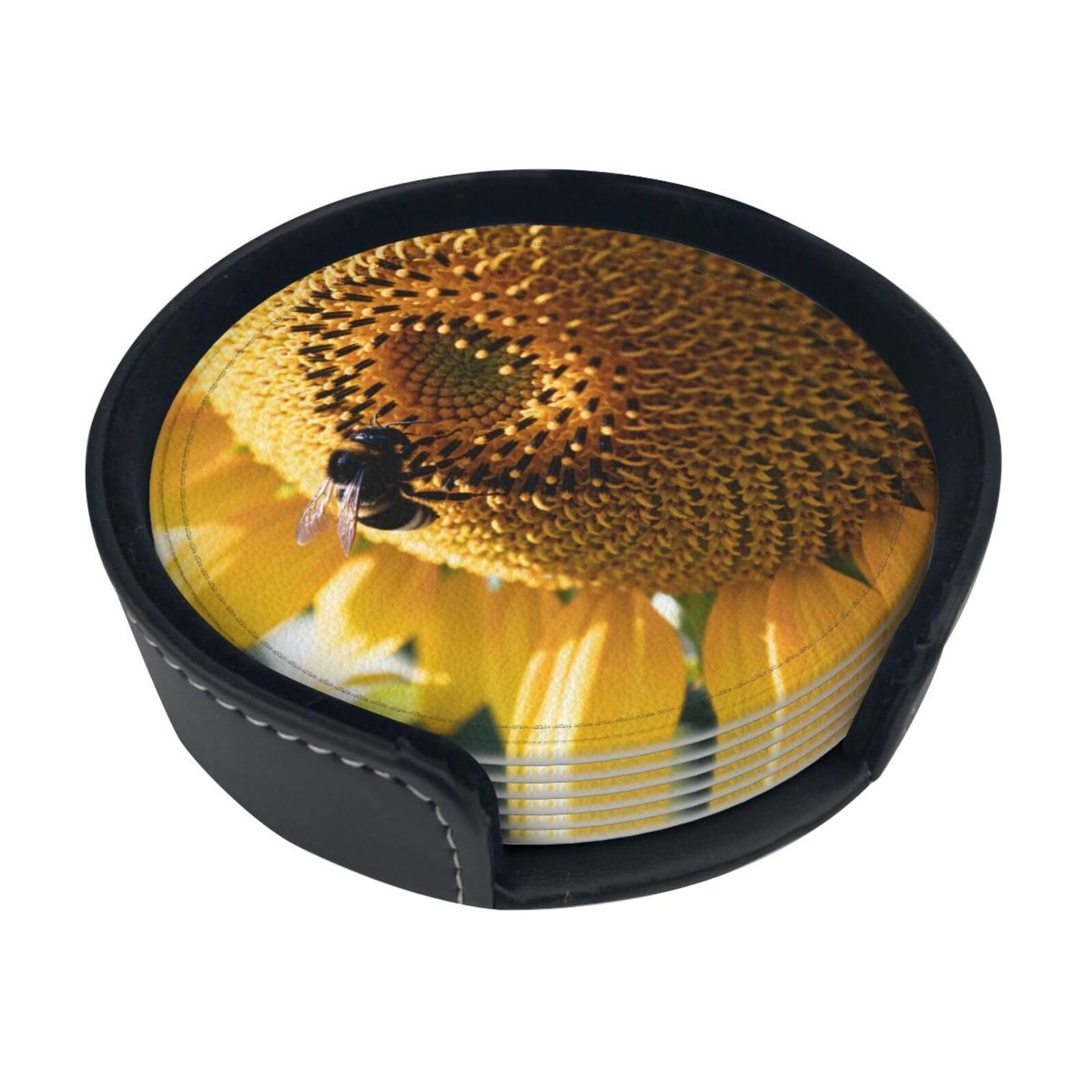 Cntdbu White Sunflower Bee Pollen Leather Coasters Set Of 6-Pu Leather Drink Mats For Table, Heat Resistant Round Coasters With Holder