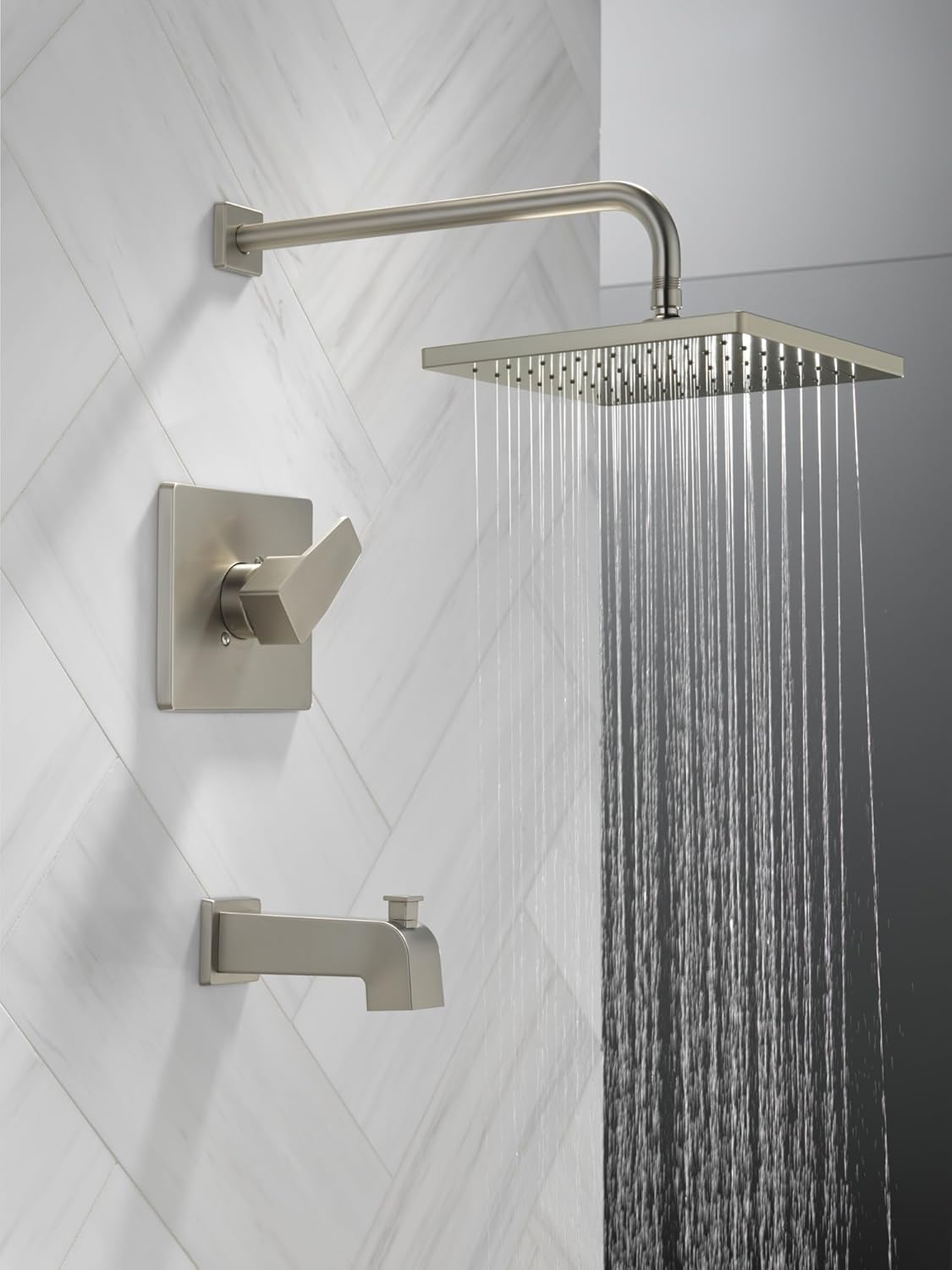 Delta Faucet Modern Raincan Square Single-Function Tub and Shower Trim Kit Brushed Nickel, Tub Faucet Set, Rainfall Shower Head, Spotshield Stainless T14468-SP-PP (Valve Not Included)