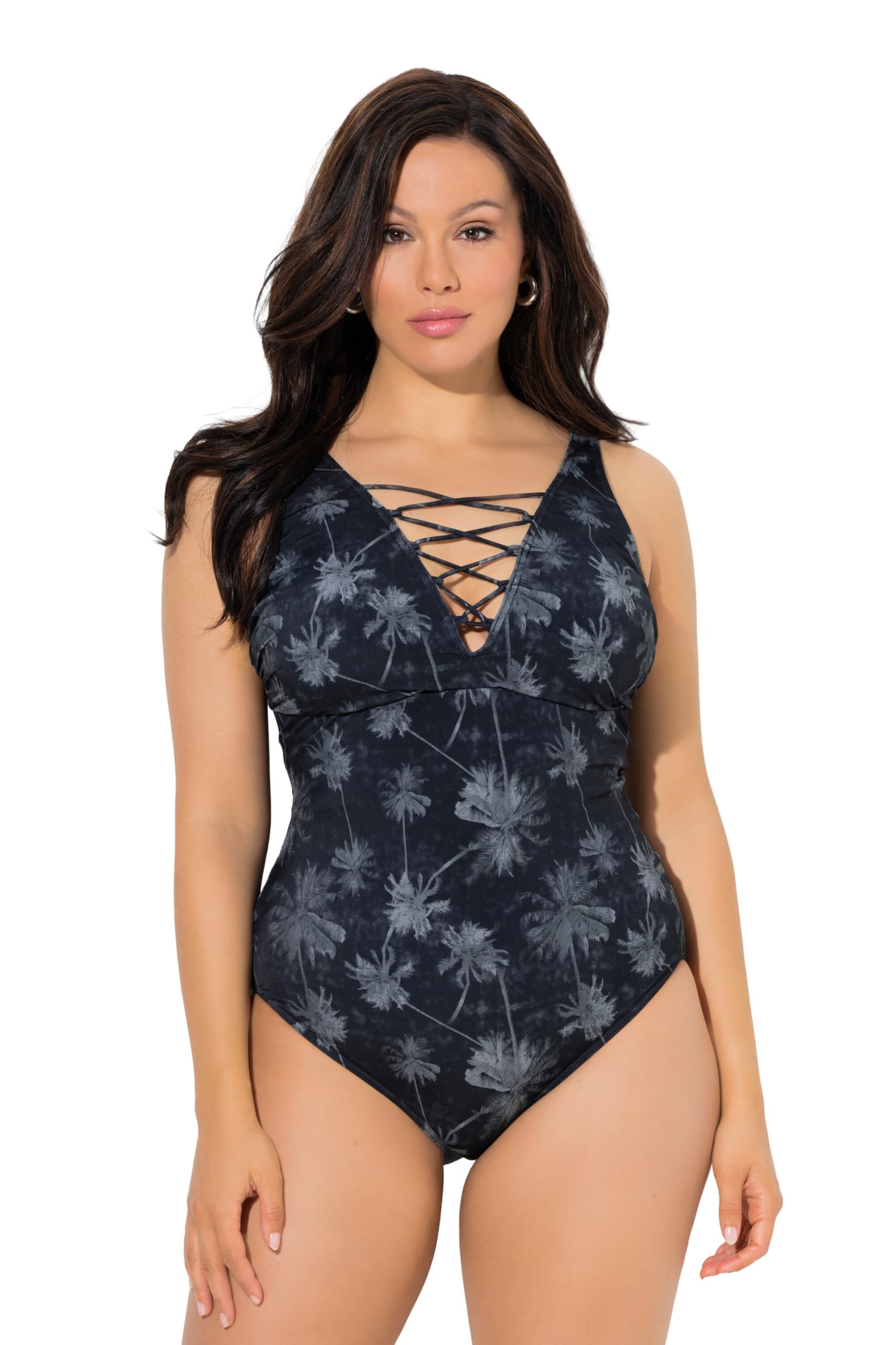 Ulla Popken Damen große Größen Übergrößen Plus Size Badeanzug, Palmen, Softcups, Schnürung, recycelt 846360