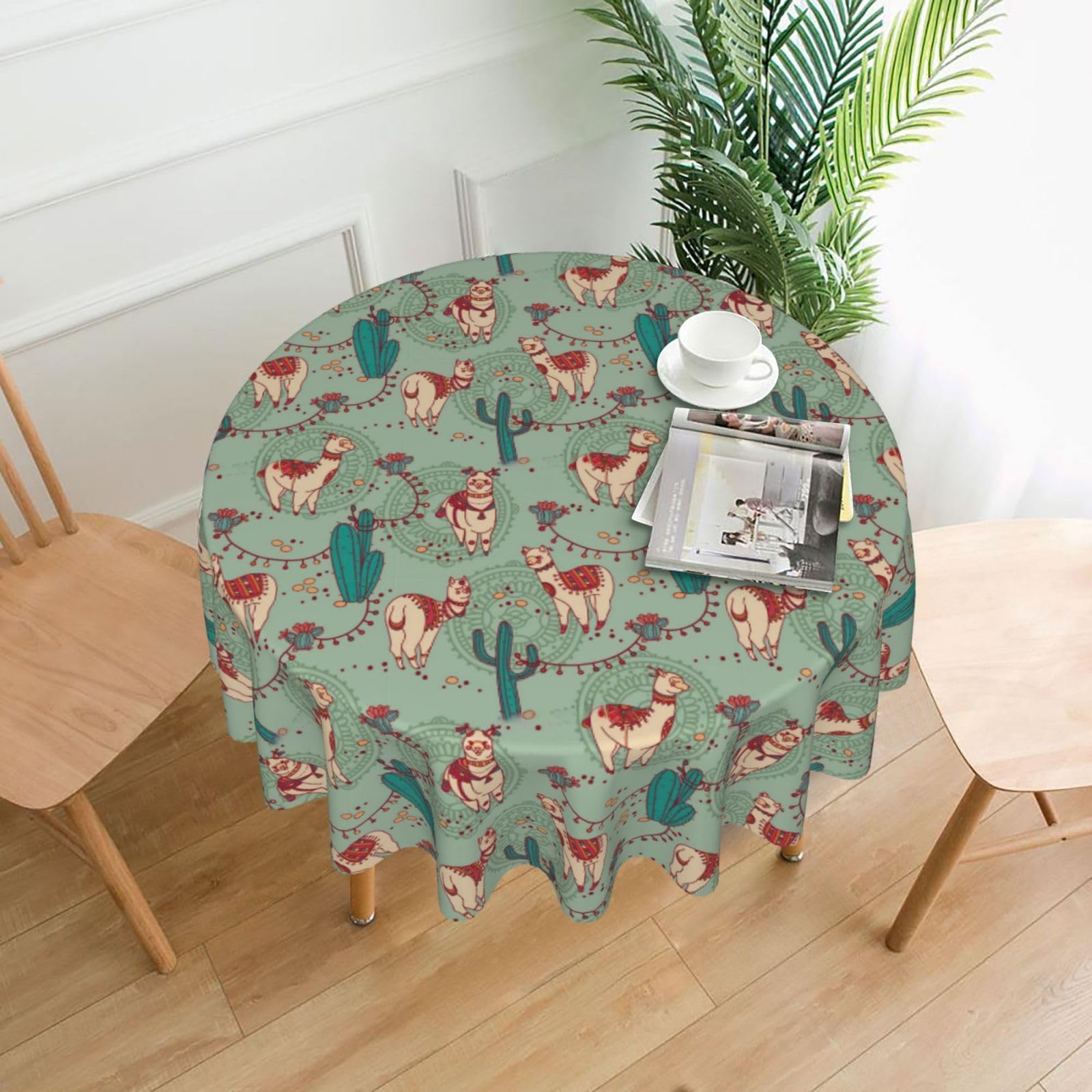 Nbtghga Llamas Print Tablecloth Round Border Table Cloth Cover Decorative For Party Holiday Dinning Tabletop Home