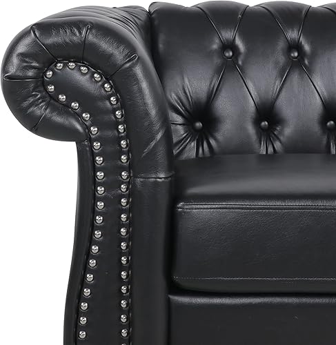 Miniatura 5 de LEVNARY Sillón tapizado de cuero, moderno sofá individual de mediados de siglo con brazos enrollados y cabeza de clavo, silla Chesterfield de piel