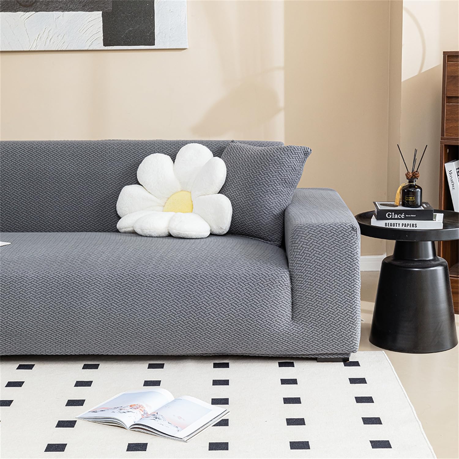 Copridivano 3 Posti Con Braccioli, Copri Divano Elasticizzato Copridivani Antiscivolo Antimacchia Universale | Sofa Cover Jacquard Antigraffio Gatto e Cani, Grigio Scuro