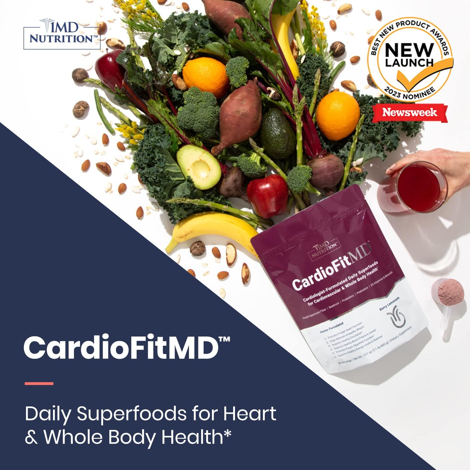 1MD Nutrition CardioFitMD - Vegan Beets Superfood Keto-Friendly Heart Health Powder - Nitric Oxide Supplement - Beet Root Powder for Healthy Blood Pressure & Circulation - High Fiber Drink - 30 Days