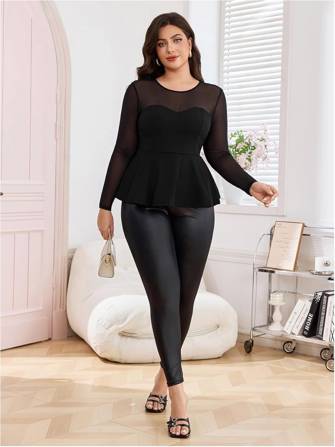 MakeMeChic Women's Plus Size Cocktail Tops Mesh Sheer Peplum Ruffle Hem Leopard Long Sleeve Slim Fitted Elegant Tee Shirt - Image 6