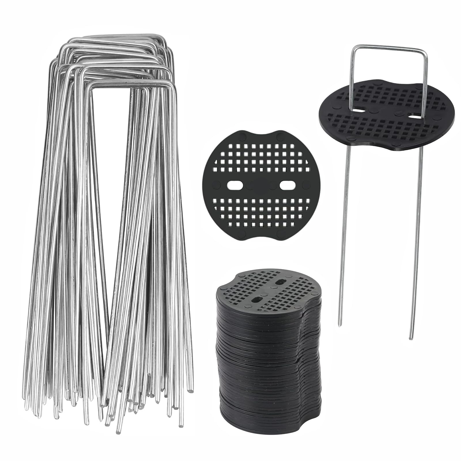 Lifhety 50 Picchetti Giardino + 50 Rondelle Tampone con Gancio e Guanti, Picchetti Ancoraggio per Telo Pacciamatura Verde, Tenda, Prato, Erba Artificiale, Stuoie, Spilli e Reti