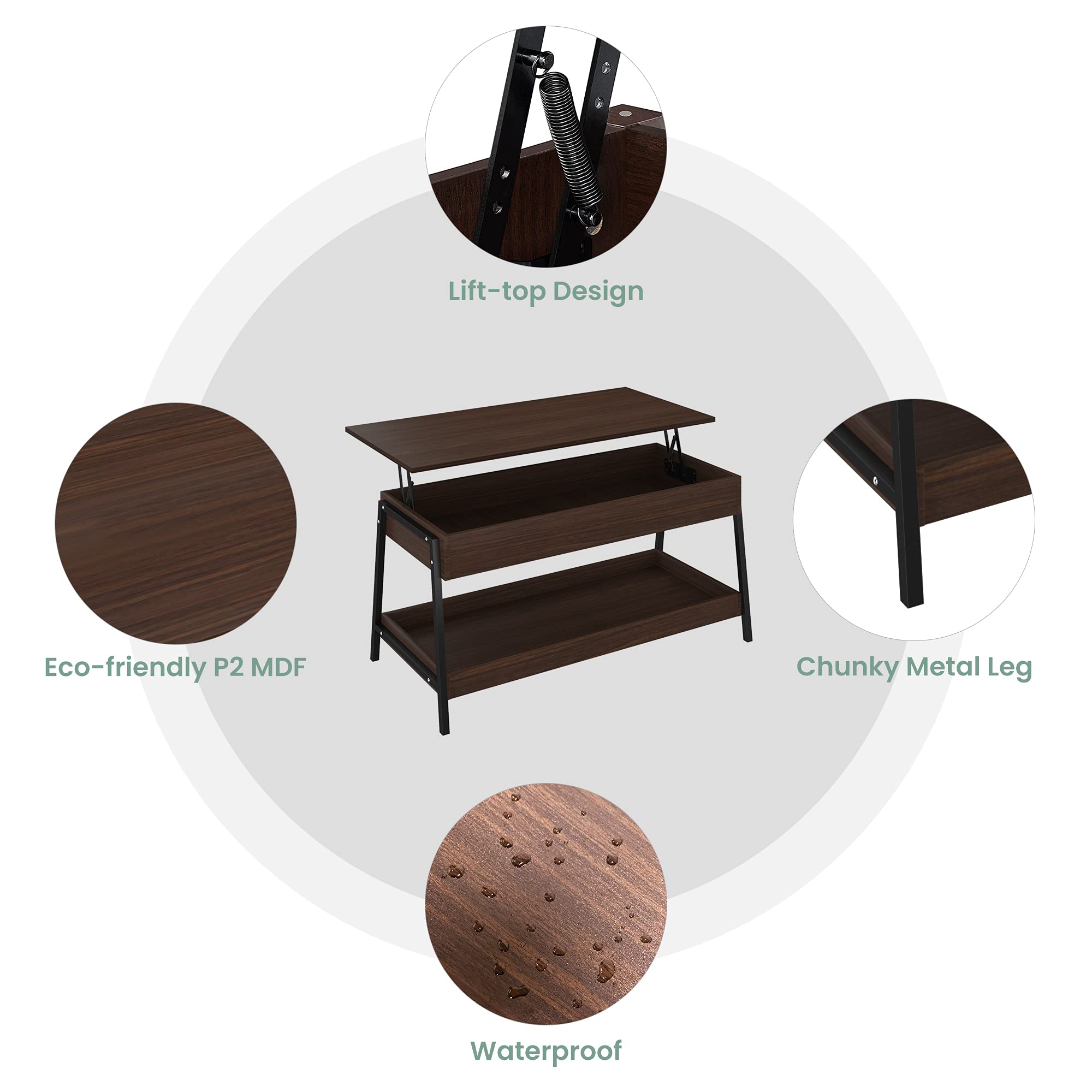 POVISON Lift Top Coffee Table with Storage Shelves and Hidden