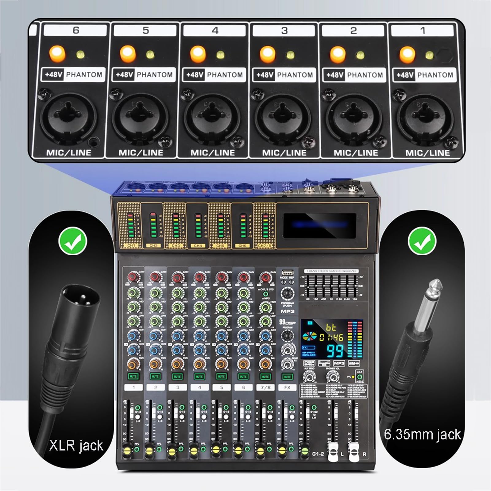 12-kanałowa płyta miksera audio, konsola dźwiękowa miksera DJ, z 99 efektami DSP/7-pasmowym EQ, Bluetooth, interfejsem USB, zasilanie fantomowe 48 V, do podcastów, muzyki, nagrywania, PC