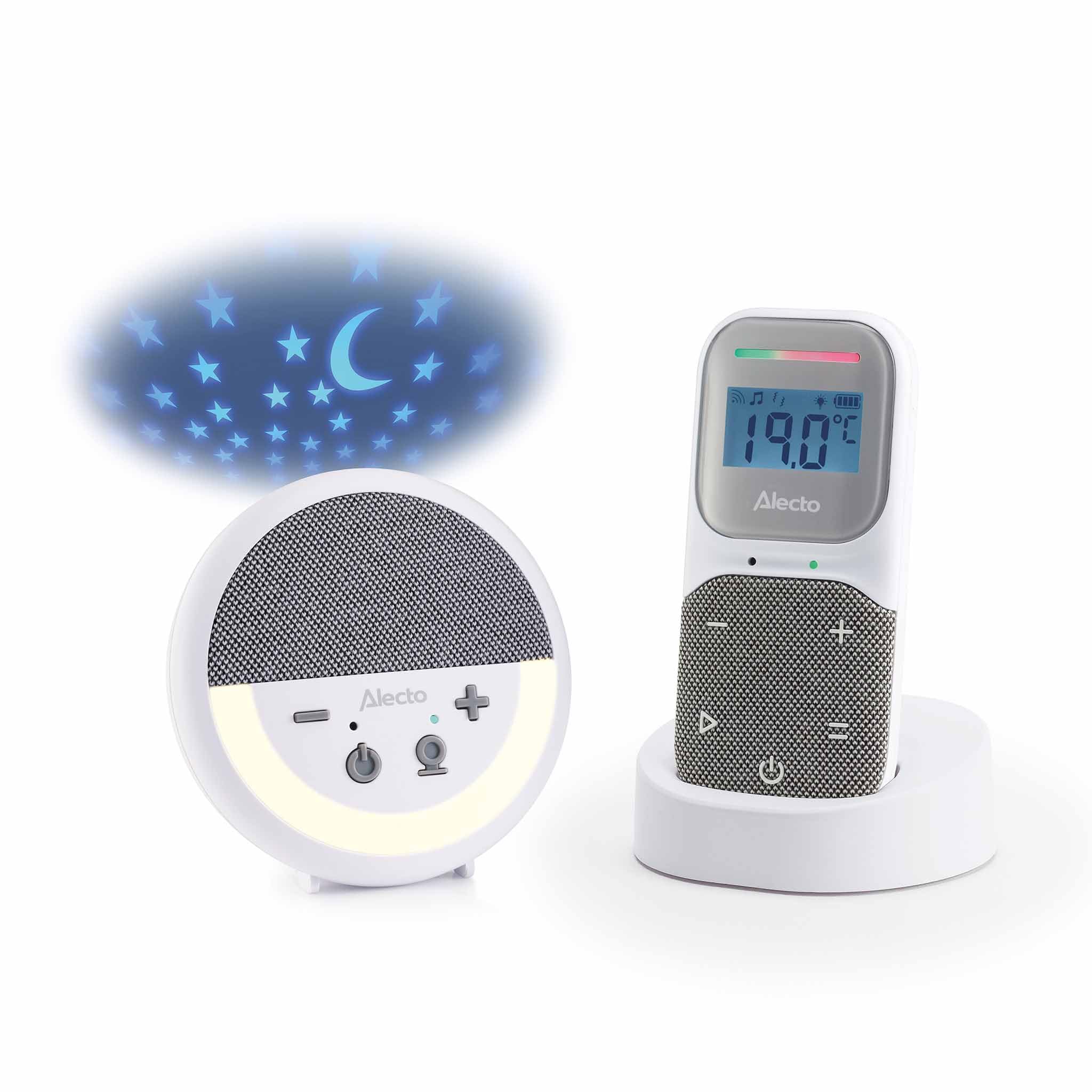 Alecto DBX150 - luksusowa elektroniczna niania Full Eco DECT Audio z projektorem, wyświetlaczem, nocną lampką nocną i kołysankami – biała/szara