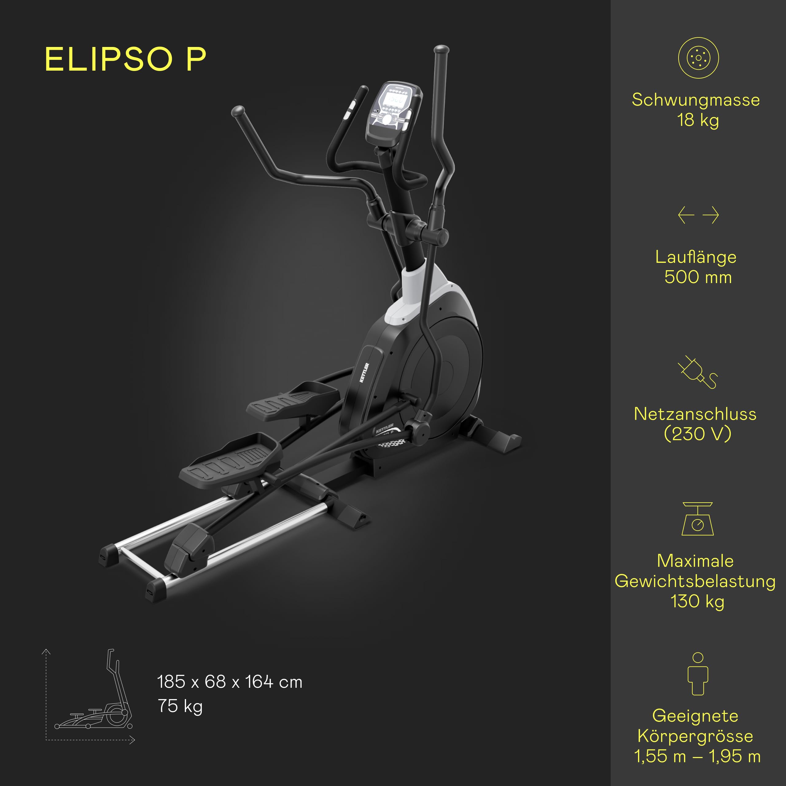 KETTLER Crosstrainer Elipso P, Ellipsentrainer mit 18 kg Schwungmasse, 16 Widerstandsstufen, LCD Display, 130 kg Maximalgewicht