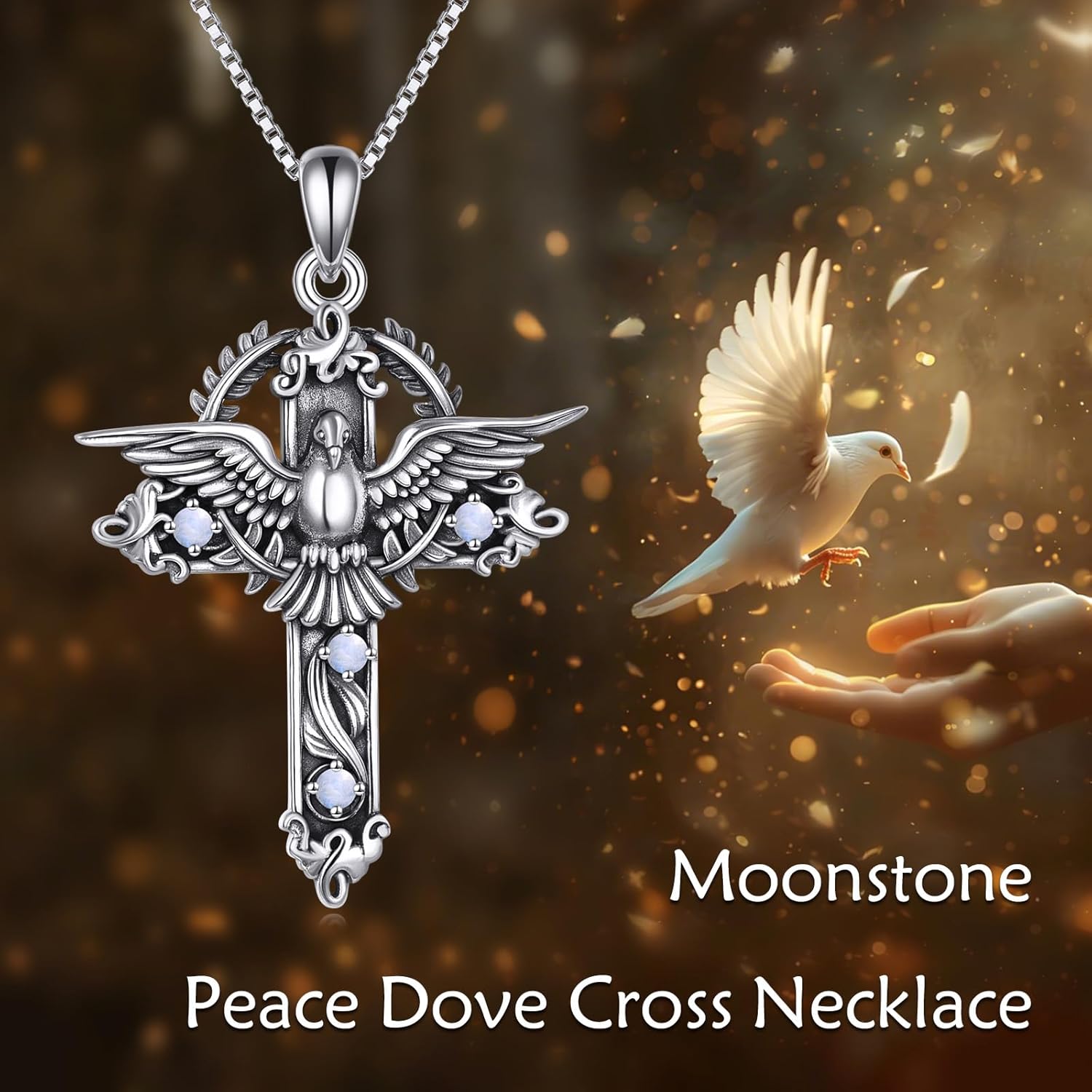 Dove of Peace Necklace, 925 Sterling Silver Natural Moonstone and Cross Pendant, Religious Spiritual Jewelry Gift for Women - Image 7