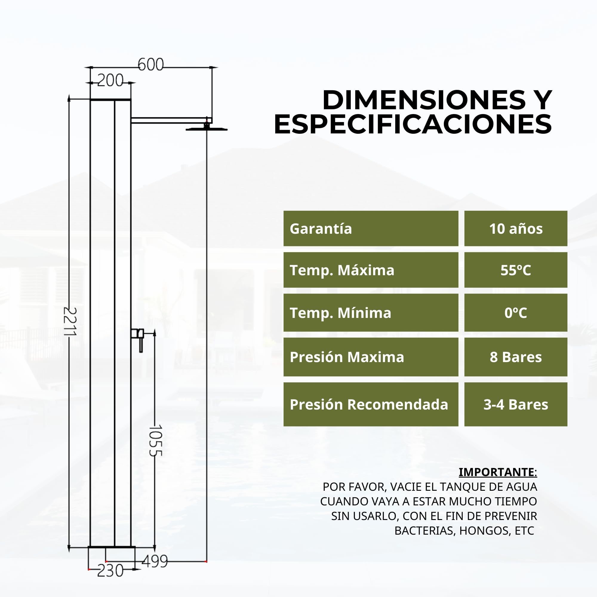 NOLUXA IMEX - Douche Piscine Extérieure Acier S.316 avec Réservoir Eau Chaude 36,8L | Encastrée Sol Jardin/Piscine/Terrasse | Robinetterie 1 Voie (Eau Froide + Chauffée) et Traitement Anticorrosion