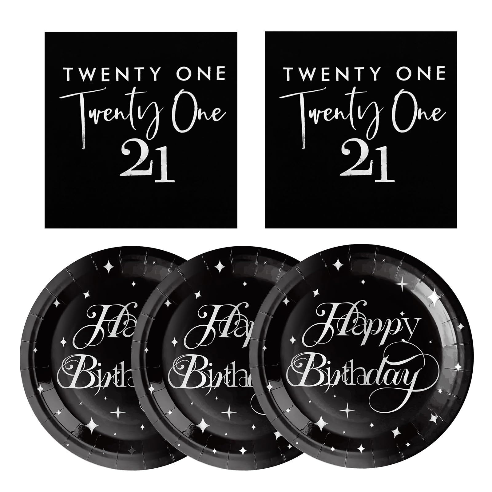 IETOSY 21st Birthday Party Plates and Napkins,21 Years Decorations Black Silver Disposable Tableware Plates and Napkins Set for Her Him 21st Birthday