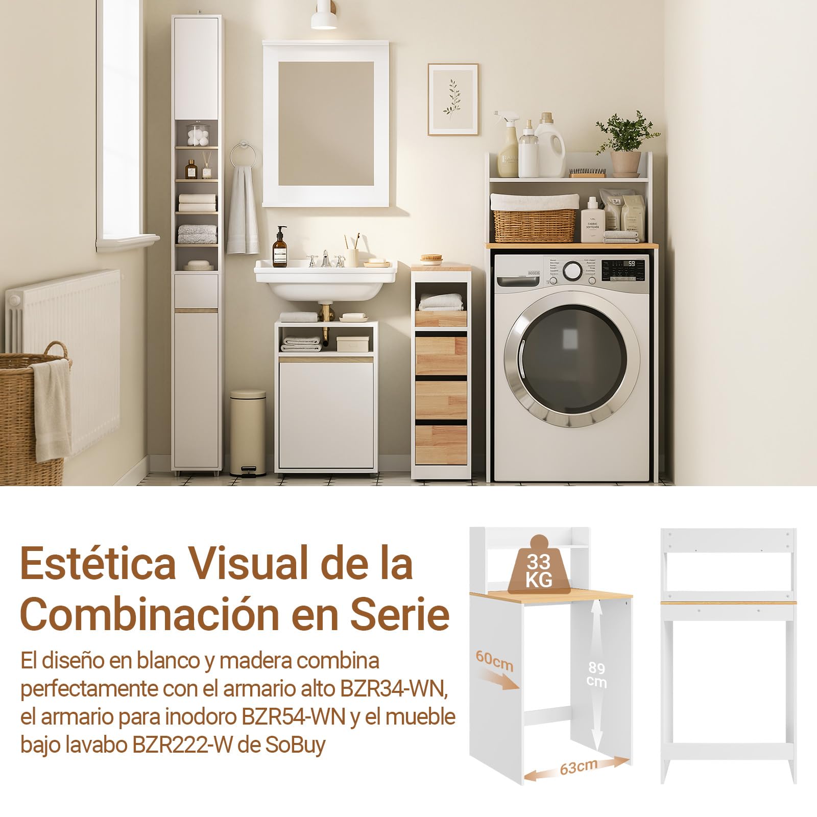 SoBuy Mueble Lavadora con Barandilla Anticaída 66x60x127 cm para Lavandería | Estantería Lavadora, Armario Baño con Encimera, Mueble Auxiliar Baño Blanco y Madera Natural BZR224-WN