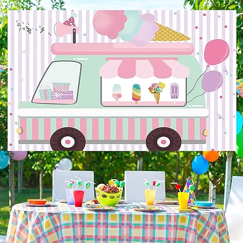 Miniatura 5 de Cartel de fondo con temática de camión de helados, pancarta de fondo de fotografía de cumpleaños para bebés y niñas, decoración de fondo para tartas