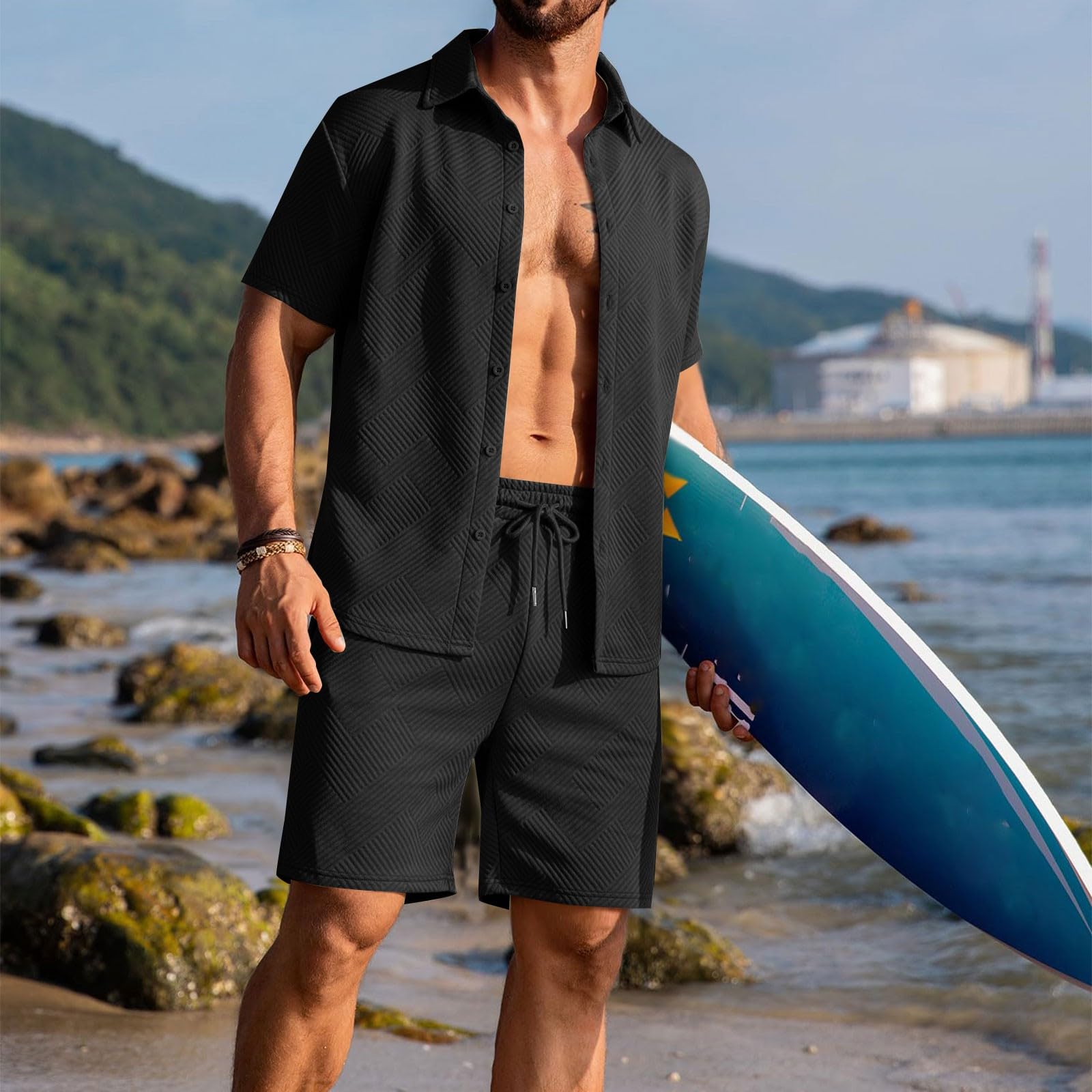Conjunto de verano para hombre, conjunto casual de dos piezas, conjunto deportivo blusas con botones y pantalones cortos con cordón anchos, chándales ligeros para la playa Slim Fit Chándal de