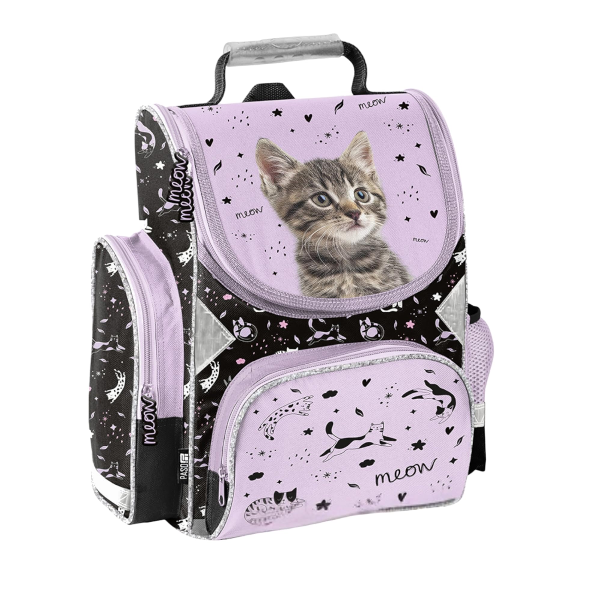 PASO- Schulranzen für Jungen und Mädchen, 4/6/8/15er-Set - Schul-Rucksack für Kinder mit Federmäppchen - Schuhbeutel und Hausaufgabenheft - Katze Motiv- 1-3 Klasse