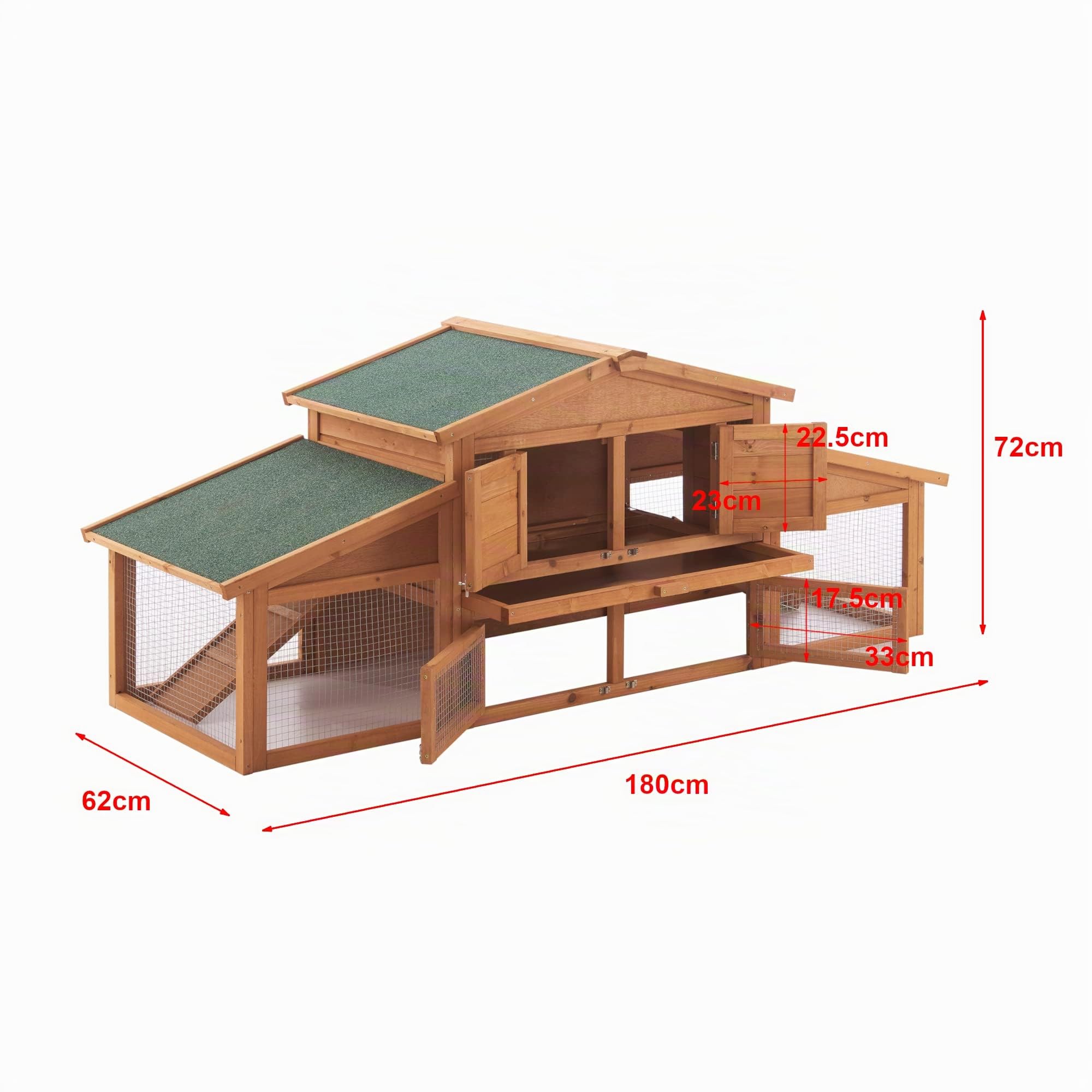 Conigliera Coperta con Tettuccio Impermeabile (AxLxP) 72 x 180 x 62 cm Gabbia con Casetta e Area Recintata, Struttura in Legno, Uso Esterno