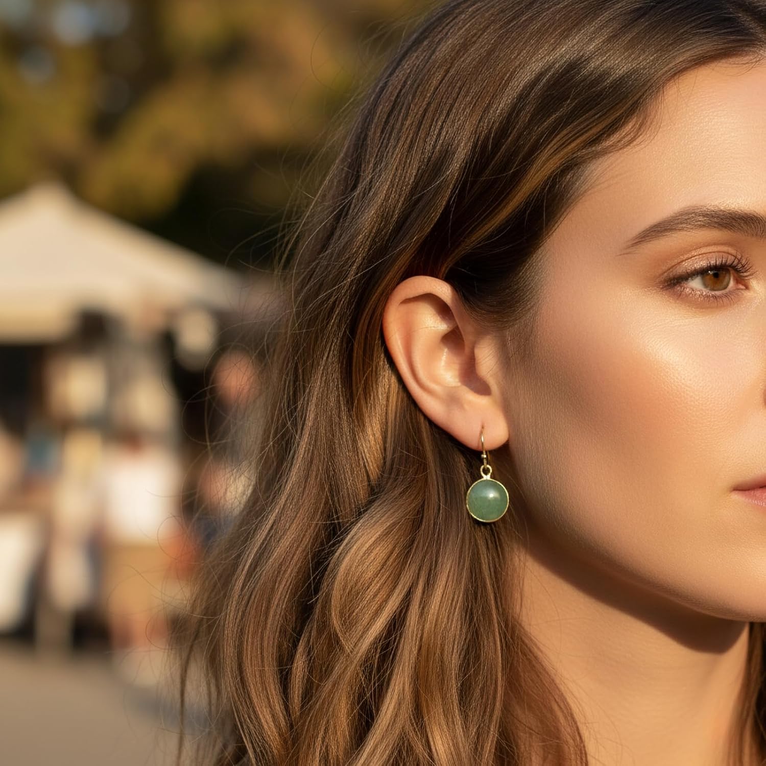 Jade Earrings, Gold Plated Round Green Stone Earrings for Women, Handmade Natural Crystal Birthstone Dangle Earrings Jewelry - Image 2