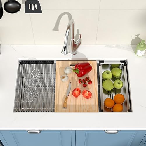 30 Inch Undermount Kitchen Sink - 30x18 Workstation Undermount Sink Stainless Steel 16 Gauge Single Bowl Kitchen Sink Under Counter Kitchen Sink Multifunctional Kitchen Sink with Accessories